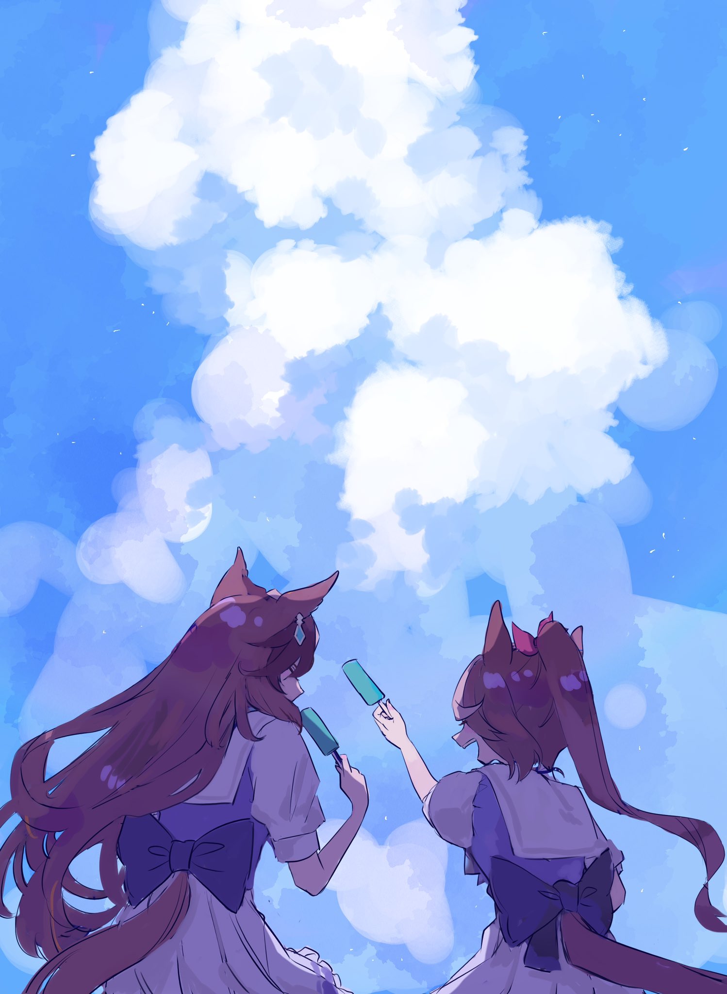 2girls animal_ears brown_hair cloud day food from_behind highres holding holding_food holding_popsicle horse_ears horse_girl horse_tail jupo_(nnmn_7737) long_hair multiple_girls open_mouth outdoors outstretched_arm ponytail popsicle purple_shirt sailor_collar school_uniform shirt short_sleeves sitting skirt smile symboli_rudolf_(umamusume) tail tail_through_clothes tokai_teio_(umamusume) tracen_school_uniform umamusume white_skirt