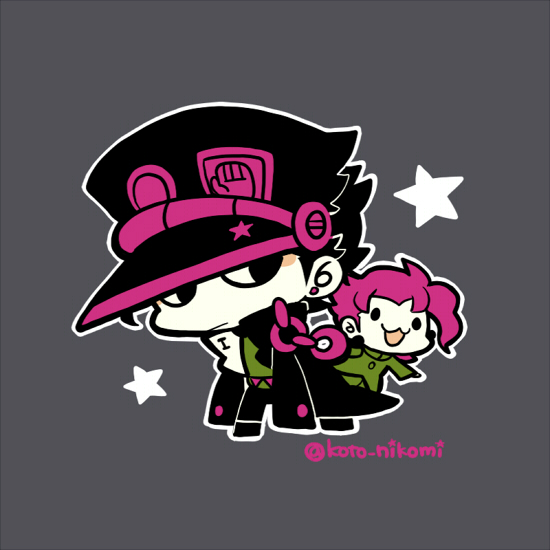 2boys black_coat black_hair chain chibi chibi_only closed_mouth coat gakuran green_shirt hat jojo_no_kimyou_na_bouken kakyoin_noriaki kotorai kujo_jotaro limited_palette male_focus multiple_boys no_nose outline pink_hair school_uniform shirt short_hair star_(symbol) twitter_username white_outline