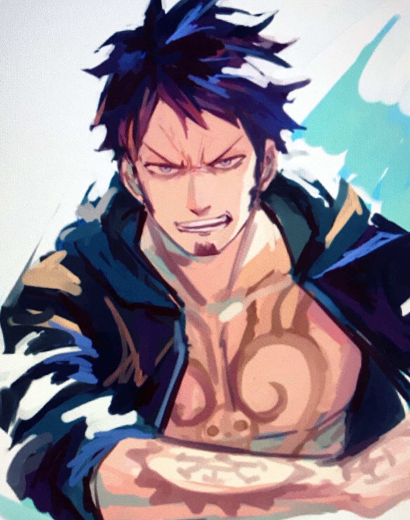 1boy aokamei arm_tattoo bare_pectorals black_coat black_hair coat facial_hair goatee grey_eyes highres long_sideburns male_focus one_piece open_clothes open_coat pectorals resized short_hair sideburns solo tattoo teeth trafalgar_law upscaled