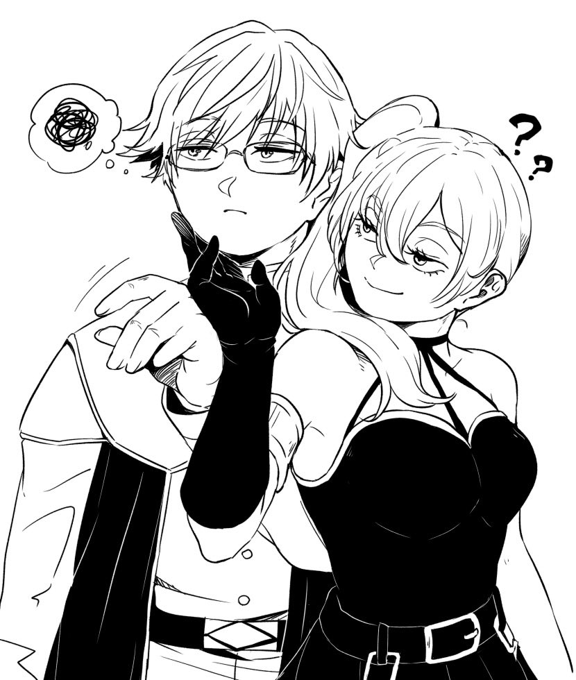 1boy 1girl ? ?? choker commentary_request dress eyelashes frown glasses gloves greyscale hand_on_another's_chin hand_up land_(sousou_no_frieren) long_hair looking_to_the_side monochrome pleated_dress rectangular_eyewear shiharu1115 short_hair simple_background single_glove smile sousou_no_frieren thought_bubble ubel_(sousou_no_frieren) upper_body white_background