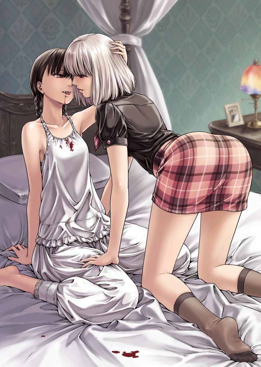 2girls bare_arms black_hair black_shirt black_socks blood blood_from_mouth blood_on_clothes braid brown_eyes camisole commentary_request fangs full_body hand_on_another's_head hand_on_another's_leg highres indoors kneeling lamp medium_hair multiple_girls on_bed original pajamas pants picture_frame pillow pink_skirt plaid plaid_skirt red_eyes shirt short_sleeves skirt socks takekawa_shin twin_braids vampire white_camisole white_hair white_pants yuri