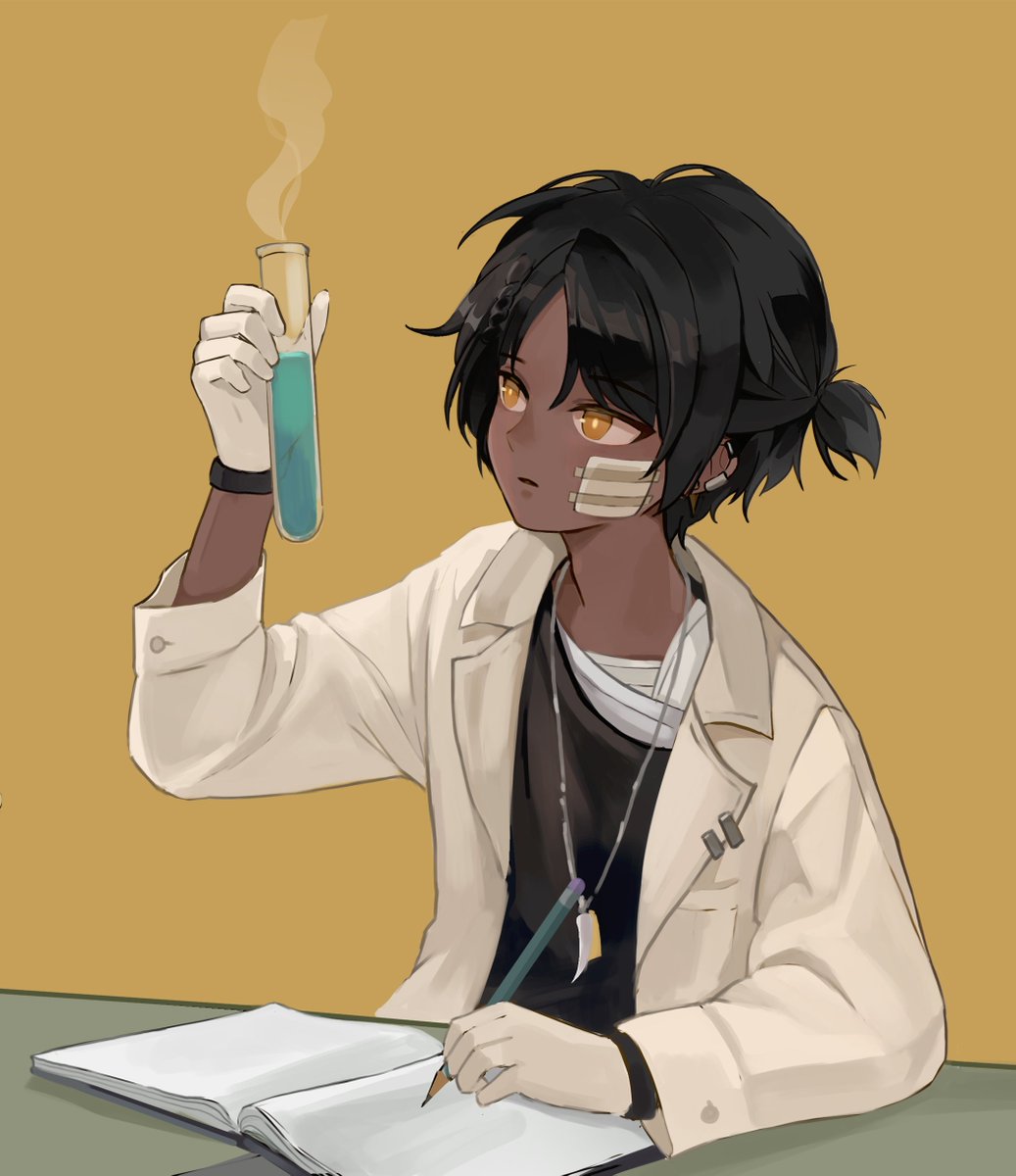 1boy arknights bandaid black_hair black_shirt book brown_coat coat commentary_request dark-skinned_male dark_skin earclip frown gloves highres holding holding_test_tube jewelry korean_commentary looking_up male_focus measuring necklace open_book parted_lips pencil shirt short_hair solo table test_tube thorns_(arknights) undershirt urchin104 white_gloves writing yellow_eyes