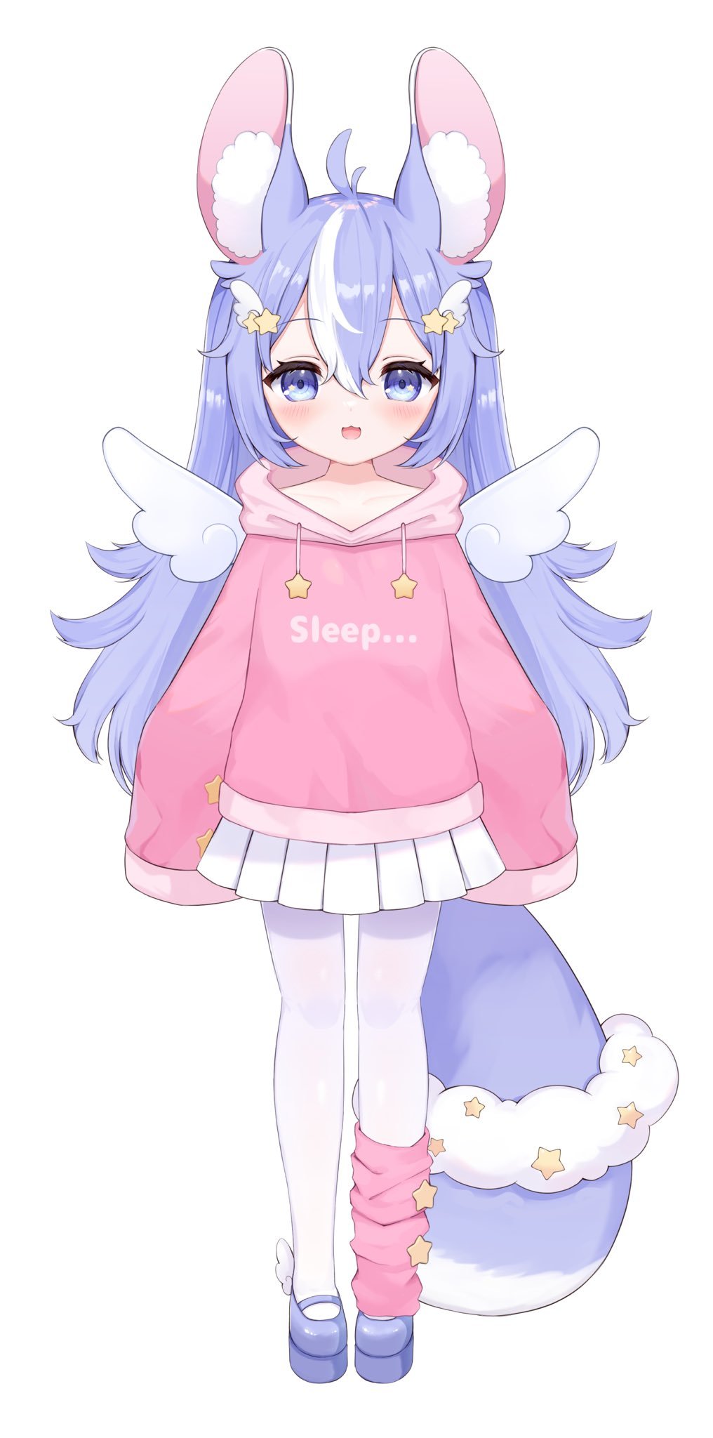 1girl angel_wings animal_ears bag blue_eyes blue_hair chinchilla_ears chinchilla_girl chinchilla_tail commentary english_commentary full_body highres hood hoodie indie_virtual_youtuber miniskirt moeko_(moeko0903) multicolored_hair open_mouth pink_hoodie pleated_skirt poki_nemuru second-party_source shoes single_loose_sock skirt sleeves_past_fingers sleeves_past_wrists smile socks solo star_(symbol) streaked_hair tail two-tone_hair white_hair white_socks wing_hair_ornament wings