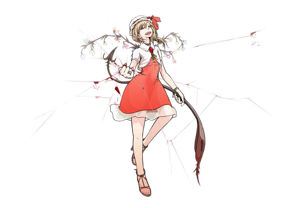 1girl alternate_costume alternate_wings ascot blonde_hair collared_shirt dress flandre_scarlet flower_wings full_body hat hat_ribbon holding holding_pole laevatein_(touhou) looking_at_viewer medium_hair mob_cap multicolored_wings nejima_taeko no_socks one_side_up open_mouth pointy_ears pole red_ascot red_dress red_eyes red_ribbon ribbon sandals shirt simple_background solo teeth touhou upper_teeth_only white_background white_headwear white_shirt wings