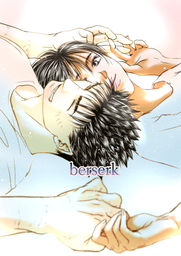 1boy 1girl ^_^ berserk black_hair casca_(berserk) close-up closed_eyes commentary_request copyright_name guts_(berserk) hair_between_eyes holding_hands kame_(jeycobsry) looking_at_another lying pink_lips shirt short_hair simple_background smile spiked_hair upside-down v-shaped_eyebrows white_shirt
