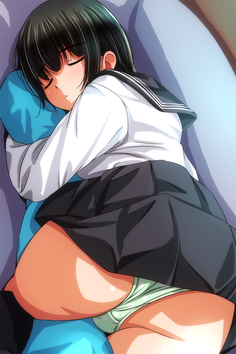 1girl ass black_hair blush closed_eyes dakimakura_(object) feet_out_of_frame green_panties highres hugging_object lying matsunaga_kouyou on_stomach original panties pillow pillow_hug pleated_skirt polka_dot polka_dot_panties sailor_collar school_uniform serafuku short_hair single_sidelock skirt sleeping solo underwear