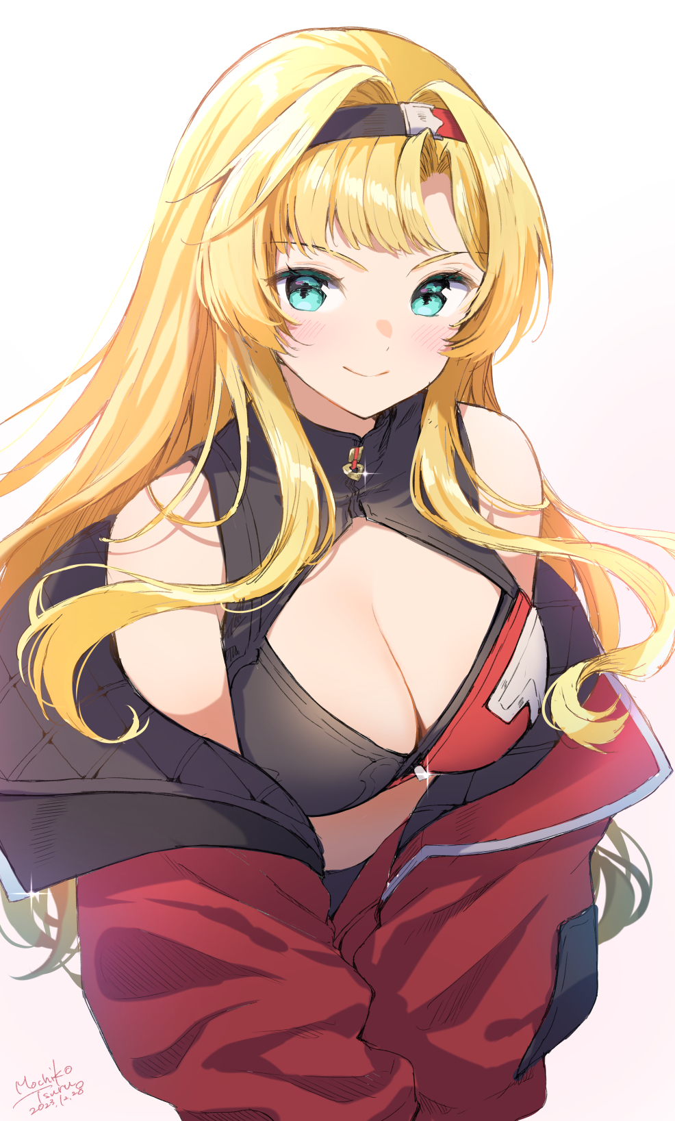 1girl aqua_eyes black_hairband blonde_hair breasts cleavage cleavage_cutout clothing_cutout coat dated floating_hair granblue_fantasy hairband highres large_breasts long_hair long_sleeves looking_at_viewer mochiko_tsuru open_clothes open_coat red_coat red_hairband signature simple_background smile solo two-tone_hairband upper_body very_long_hair white_background zeta_(granblue_fantasy)