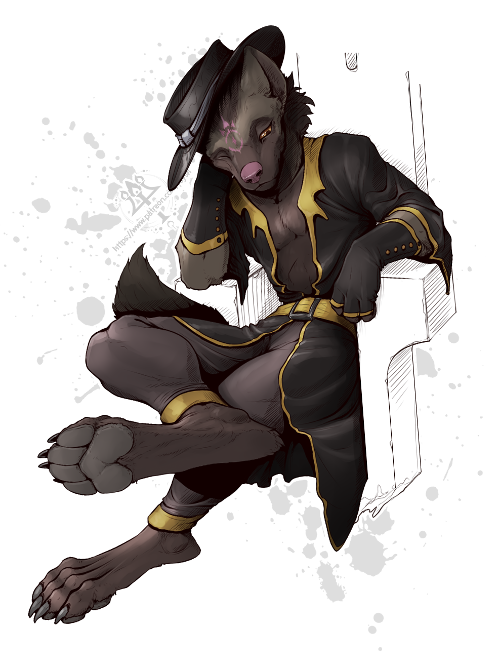 2024 anthro black_body black_fur bottomwear brown_body brown_fur clothed clothing coat fan_character feet foot_focus foot_on_knee forehead_mark fur generation_3_pokemon grey_pawpads hat headgear headwear hi_res hunter_(last_hope) hunter_(razim) kredri male markings mightyena nintendo open_clothing open_coat open_topwear orange_eyes pants pawpads paws pokemon pokemon_(species) purple_markings purple_nose tail teeth teeth_showing the_last_hope_scar topwear wide_brim_hat