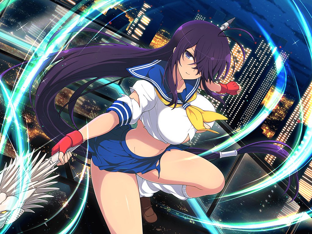 antenna_hair black_hair blue_eyes blue_sailor_collar blue_skirt breasts city cityscape closed_mouth cropped_shirt fighting fingerless_gloves gloves guan_dao hair_over_one_eye holding holding_polearm holding_weapon ikkitousen kan'u_unchou large_breasts long_hair loose_socks low-tied_long_hair miniskirt navel night night_sky official_art polearm red_gloves ribbon sailor_collar senran_kagura senran_kagura_new_link skirt sky socks tan torn_clothes underboob weapon yellow_ribbon