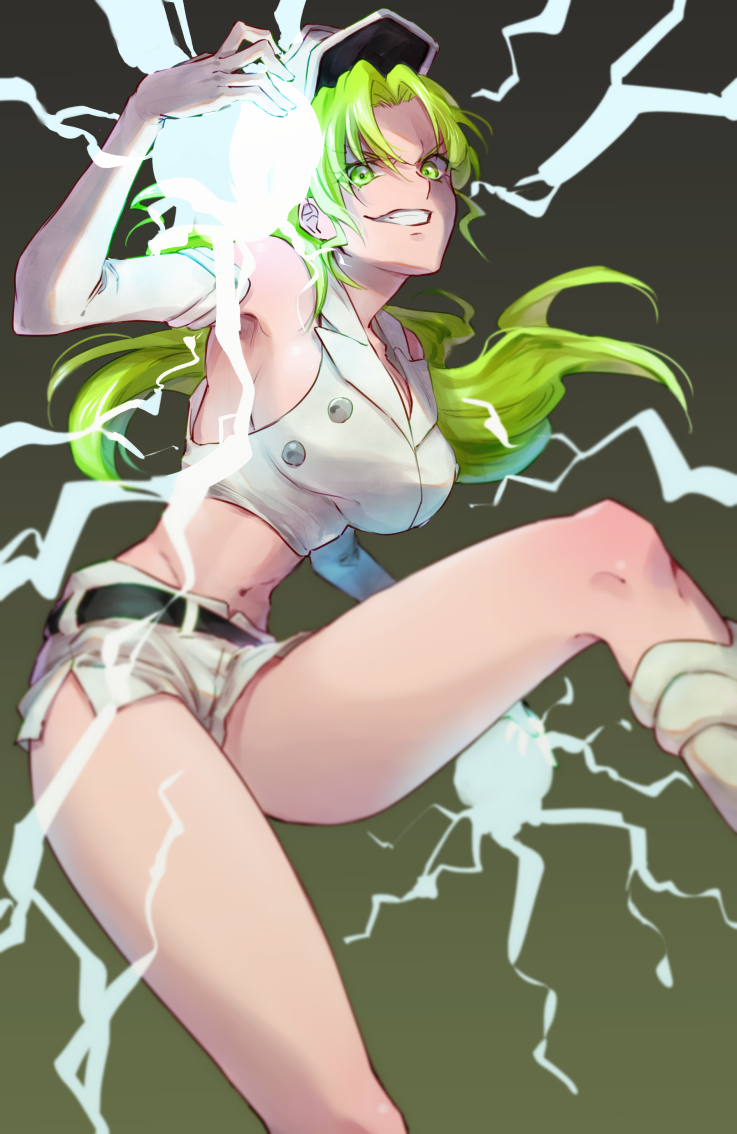 1girl arm_up bare_shoulders belt black_belt bleach bleach:_sennen_kessen-hen breasts candice_catnipp cleavage cowboy_shot crop_top elbow_gloves electricity electrokinesis energy_ball gloves gradient_background green_eyes green_hair grin hair_intakes hat lapels large_breasts long_hair looking_at_viewer midriff military_hat navel notched_lapels peaked_cap quincy_(bleach) shirt short_shorts shorts smile solo soraao0322 sternritter thighs wandenreich_uniform white_gloves white_shirt white_shorts