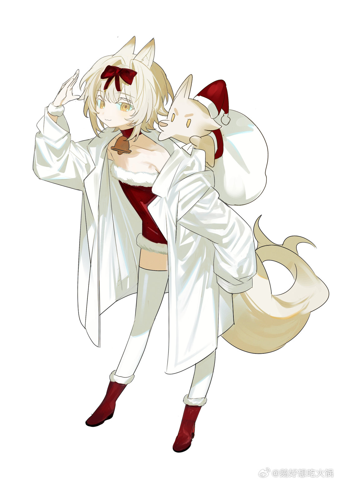 1girl animal_ears bell blonde_hair boots bow chinese_commentary choker christmas closed_mouth coat collar commentary_request dress fox fox_ears fox_tail full_body fur-trimmed_boots fur-trimmed_dress fur_trim hair_bow hand_up hat highres long_sleeves looking_at_viewer neck_bell original red_bow red_choker red_dress red_footwear rexxxlord santa_costume santa_dress santa_hat short_hair simple_background sleeves_past_fingers sleeves_past_wrists smile solo strapless tail thighhighs weibo_logo weibo_username white_background white_coat white_hair white_thighhighs yellow_eyes