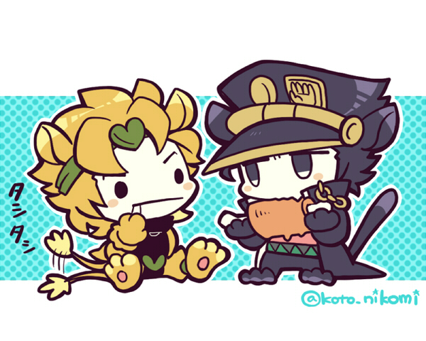 2boys animal_ears animal_hands black_coat black_eyes black_pants blonde_hair blush_stickers boned_meat chain chibi chibi_only coat dio_brando drooling food full_body jacket jitome jojo_no_kimyou_na_bouken kotorai kujo_jotaro lion_ears lion_tail meat multiple_boys no_nose pants pink_shirt shirt sitting tail tail_wagging yellow_jacket