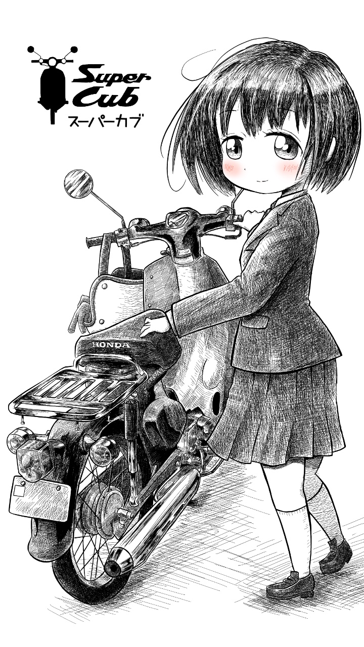 ahoge black_eyes black_hair blush bob_cut copyright_name gotthi greyscale helmet highres honda honda_super_cub koguma_(super_cub) long_sleeves looking_at_viewer looking_back messy_hair mirror monochrome moped motor_vehicle motorcycle motorcycle_helmet school_uniform scooter short_hair skirt super_cub