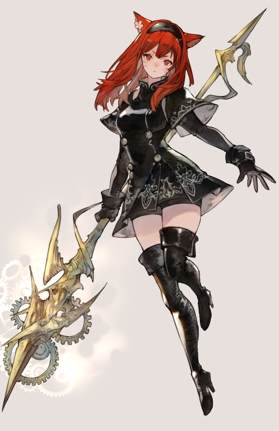 1girl animal_ears avatar_(ff14) bangs black_cape black_coat black_gloves black_thighhighs breasts cape cat_ears coat commentary_request dragoon_(final_fantasy) earrings facial_mark final_fantasy final_fantasy_xiv flower_earrings full_body gloves hairband high_heels highres holding holding_polearm holding_weapon jewelry kemomin_nosuke long_hair long_sleeves looking_at_viewer medium_breasts miqo'te polearm red_eyes red_hair solo spear thighhighs v-shaped_eyebrows weapon whisker_markings white_background