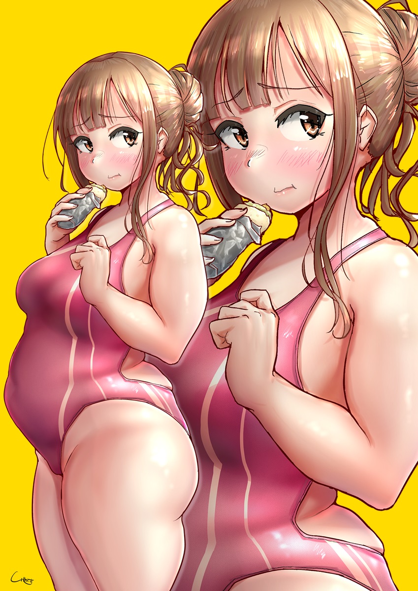 1girl bangs blunt_bangs blush breasts brown_eyes character_request closed_mouth commentary_request commission copyright_request covered_navel cowboy_shot food hair_bun highres holding holding_food light_brown_hair long_hair looking_to_the_side medium_breasts one-piece_swimsuit pink_swimsuit shigekikkusu sidelocks signature simple_background skeb_commission solo swimsuit thick_arms thick_thighs thighs upper_body wrapper yellow_background zoom_layer