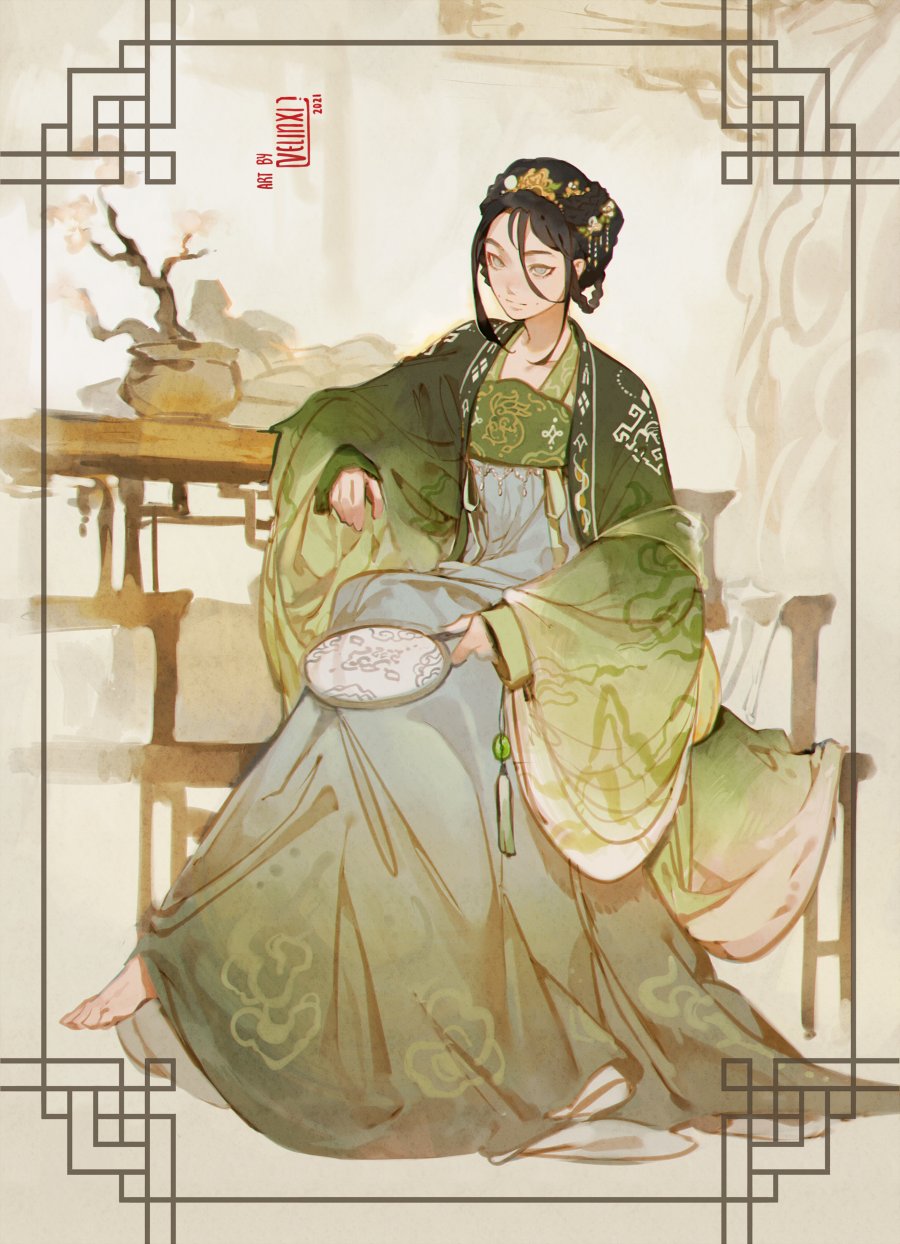 1girl avatar:_the_last_airbender avatar_(series) barefoot black_hair bonsai border braid chinese_clothes coat commentary dress eyeliner formal full_body gradient_dress green_coat green_dress green_theme grey_dress grey_eyes hair_between_eyes hair_ornament hand_fan hanfu highres holding holding_fan jade_(gemstone) jewelry lattice logo long_sleeves looking_afar makeup older plant potted_plant sitting smile solo table tassel toph_bei_fong two-tone_dress updo velocesmells wide_sleeves