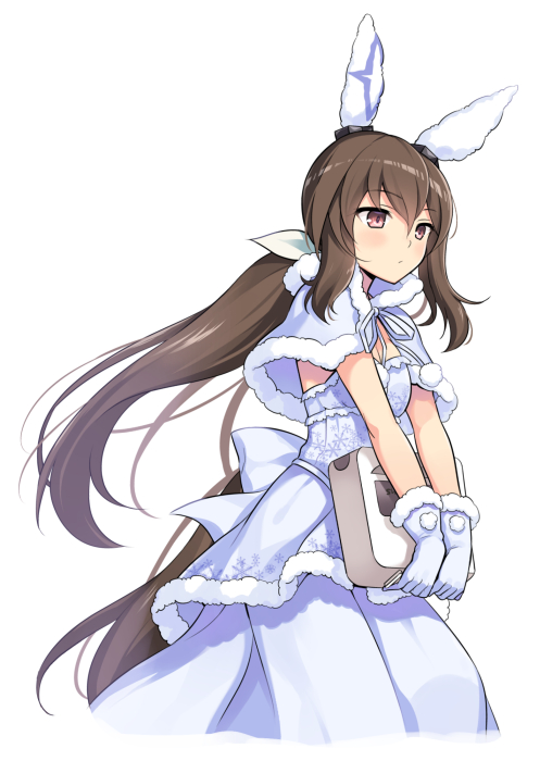 1girl admire_vega_(umamusume) alternate_costume animal_ears bangs brown_eyes brown_hair capelet closed_mouth dress ear_covers fur-trimmed_gloves fur_trim gloves horse_ears horse_girl horse_tail layered_dress long_hair low_ponytail odawara_hakone solo strapless strapless_dress tail umamusume v_arms white_dress white_gloves