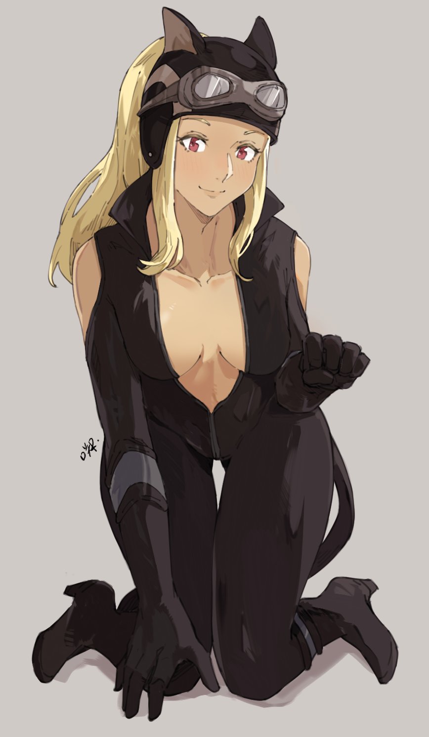 1girl blonde_hair breasts cat closed_mouth dark-skinned_female dark_skin english_commentary full_body goggles goggles_on_head gravity_daze high_heels highres kitten_(gravity_daze) long_hair looking_at_viewer medium_breasts official_alternate_costume red_eyes sakuremi simple_background smile solo