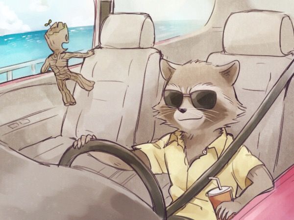 anonymous_artist beverage black_nose brown_body brown_fur car casual_clothing clothing driving duo eyewear fur groot guardians_of_the_galaxy inside_car male mammal marvel multicolored_body multicolored_fur plant procyonid raccoon railing rocket_raccoon sea shirt sunglasses topwear tree two_tone_body two_tone_fur vehicle water whiskers white_body white_fur yellow_clothing yellow_shirt yellow_topwear