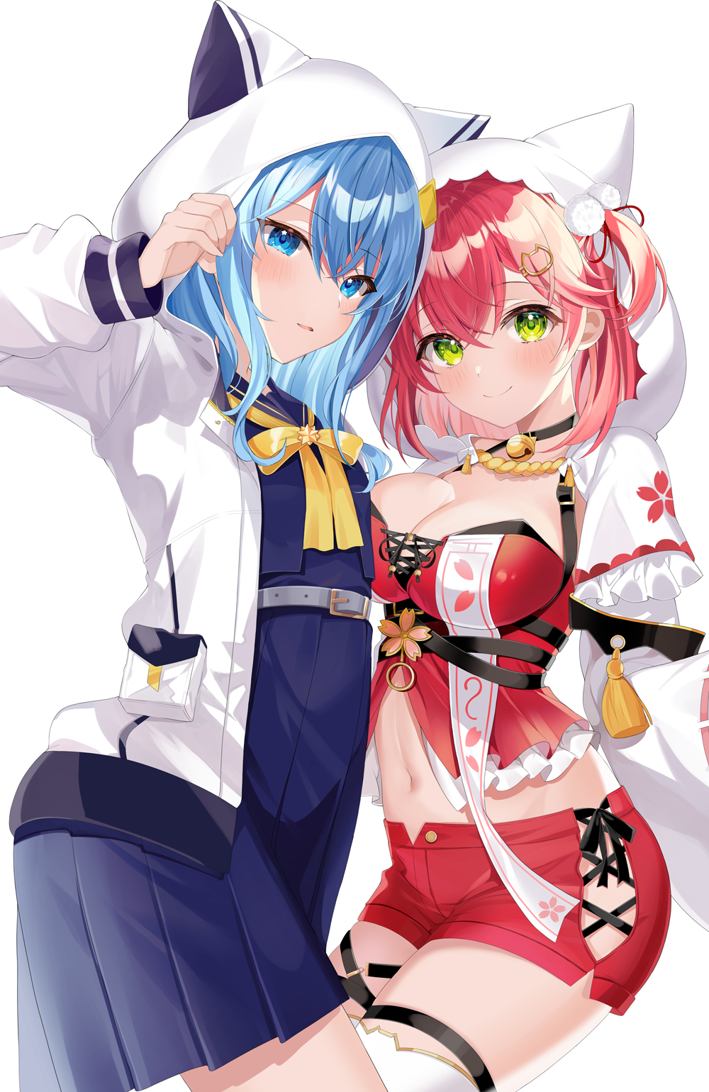 2girls bangs bell belt black_choker blue_eyes blue_hair blue_shirt blue_skirt blush bow bowtie breasts capelet choker cleavage closed_mouth crossed_bangs green_eyes grey_belt hair_between_eyes high-waist_skirt highres hololive hood hood_up hooded_capelet hooded_jacket hoshimachi_suisei jacket jingle_bell large_breasts long_sleeves looking_at_viewer midriff motsunuki multiple_girls navel open_clothes open_jacket parted_lips red_hair red_shirt red_shorts sakura_miko shirt short_shorts shorts simple_background skirt smile thigh_strap thighhighs virtual_youtuber white_background white_jacket yellow_bow yellow_bowtie