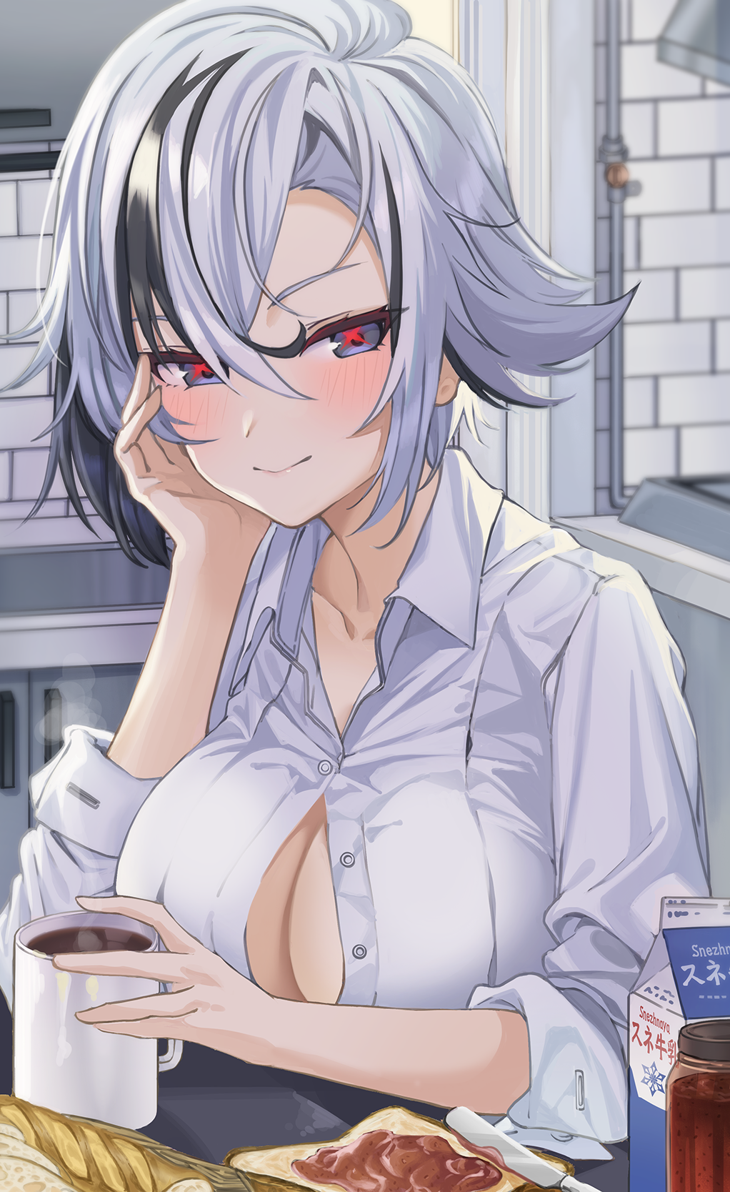 1girl arlecchino_(genshin_impact) black_hair blush breasts butter_knife cleavage closed_mouth coffee collarbone collared_shirt cup elbow_rest food genshin_impact grey_eyes highres indoors jar jelly large_breasts looking_at_viewer milk_carton multicolored_hair o-los partially_unbuttoned shirt short_hair smile solo steam streaked_hair symbol-shaped_pupils table toast two-tone_hair upper_body white_hair white_shirt x-shaped_pupils