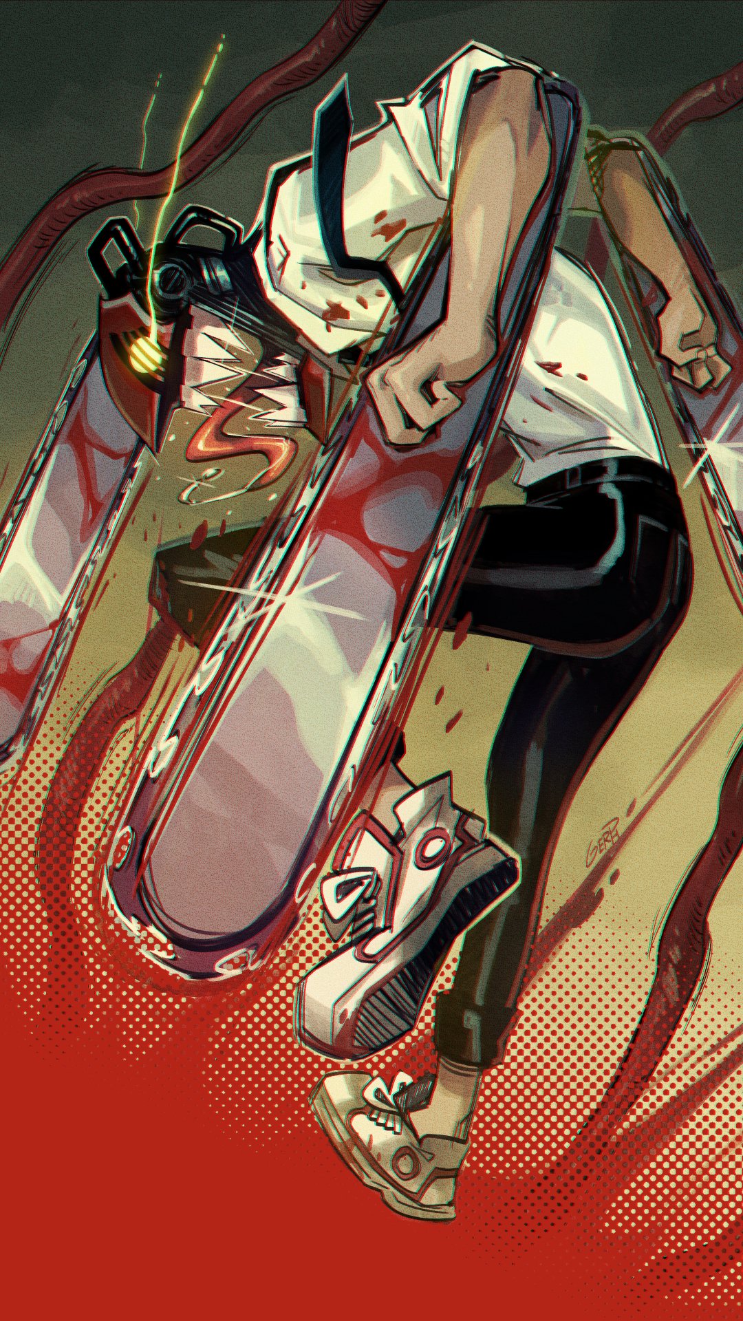 1boy belt black_necktie black_pants blood chainsaw chainsaw_man collared_shirt denji_(chainsaw_man) gerph highres looking_at_viewer monster_boy necktie open_mouth pants sharp_teeth shirt shoes sneakers teeth tongue tongue_out white_shirt yellow_eyes