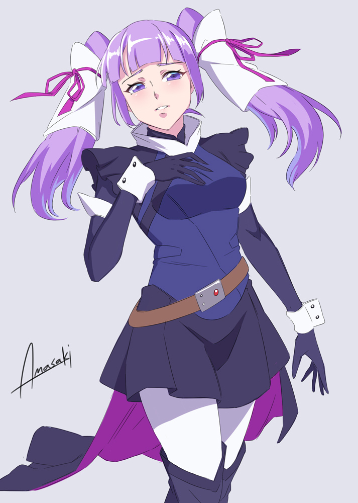 1girl amasaki_yusuke black_gloves blush breasts floating_hair fram_nara gloves grey_background gundam gundam_age hair_tubes hand_on_own_chest head_tilt looking_up medium_breasts medium_hair parted_lips pilot_suit purple_eyes purple_hair solo twintails