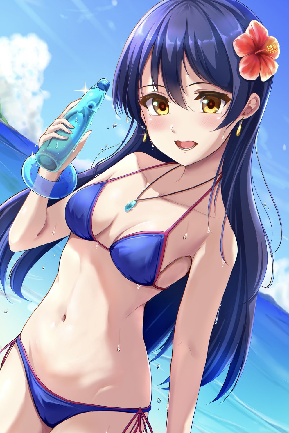 1girl bangle bangs beach bikini blue_bikini blue_hair blue_sky blush bottle bracelet breasts ca_ba_ya_ki cloud day earrings flower hair_flower hair_ornament hibiscus highres holding holding_bottle jewelry long_hair looking_at_viewer love_live! love_live!_school_idol_project marine_day navel necklace ocean open_mouth outdoors ramune red_flower side-tie_bikini sky small_breasts smile solo sonoda_umi sweat swept_bangs swimsuit water yellow_eyes