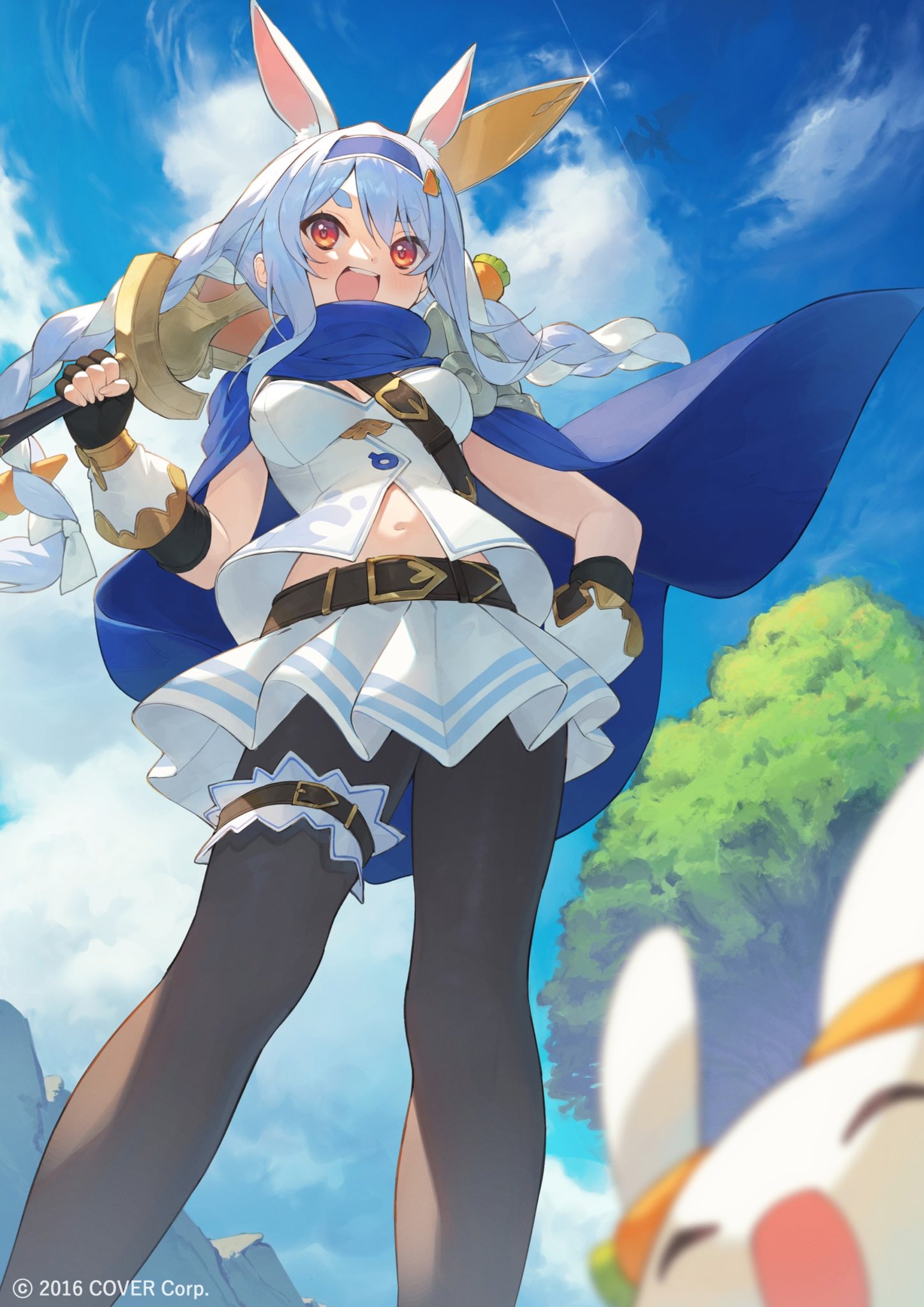 1girl :d animal_ear_fluff animal_ears arm_guards bangs belt black_gloves blue_cape blue_hair blue_hairband blue_sky braid breasts brown_belt brown_pantyhose cape carrot_hair_ornament cloud day extra_ears fingerless_gloves floating_hair food-themed_hair_ornament from_below gloves hair_ornament hairband highres holding holding_sword holding_weapon hololive joker_(tomakin524) long_hair looking_at_viewer medium_breasts midriff multicolored_hair navel nousagi_(usada_pekora) official_art outdoors pantyhose pleated_skirt rabbit_ears red_eyes shirt skirt sky smile solo streaked_hair sword thick_eyebrows thigh_strap tree twin_braids twintails usada_pekora v-shaped_eyebrows virtual_youtuber weapon white_hair white_shirt white_skirt