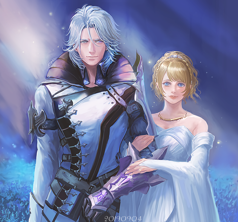 1boy 1girl arm_strap armor asymmetrical_armor bangs bare_shoulders belt blonde_hair blue_background blue_eyes braid breasts brother_and_sister cleavage dated detached_sleeves dress final_fantasy final_fantasy_xv green_eyes hair_up high_collar holding_another's_arm jacket jewelry long_sleeves looking_at_another lunafreya_nox_fleuret medium_breasts medium_hair necklace open_collar ornate_clothes parted_bangs parted_lips ponytail ravus_nox_fleuret regan_(hatsumi) shoulder_armor siblings signature smile strapless strapless_dress white_dress white_jacket wide_sleeves