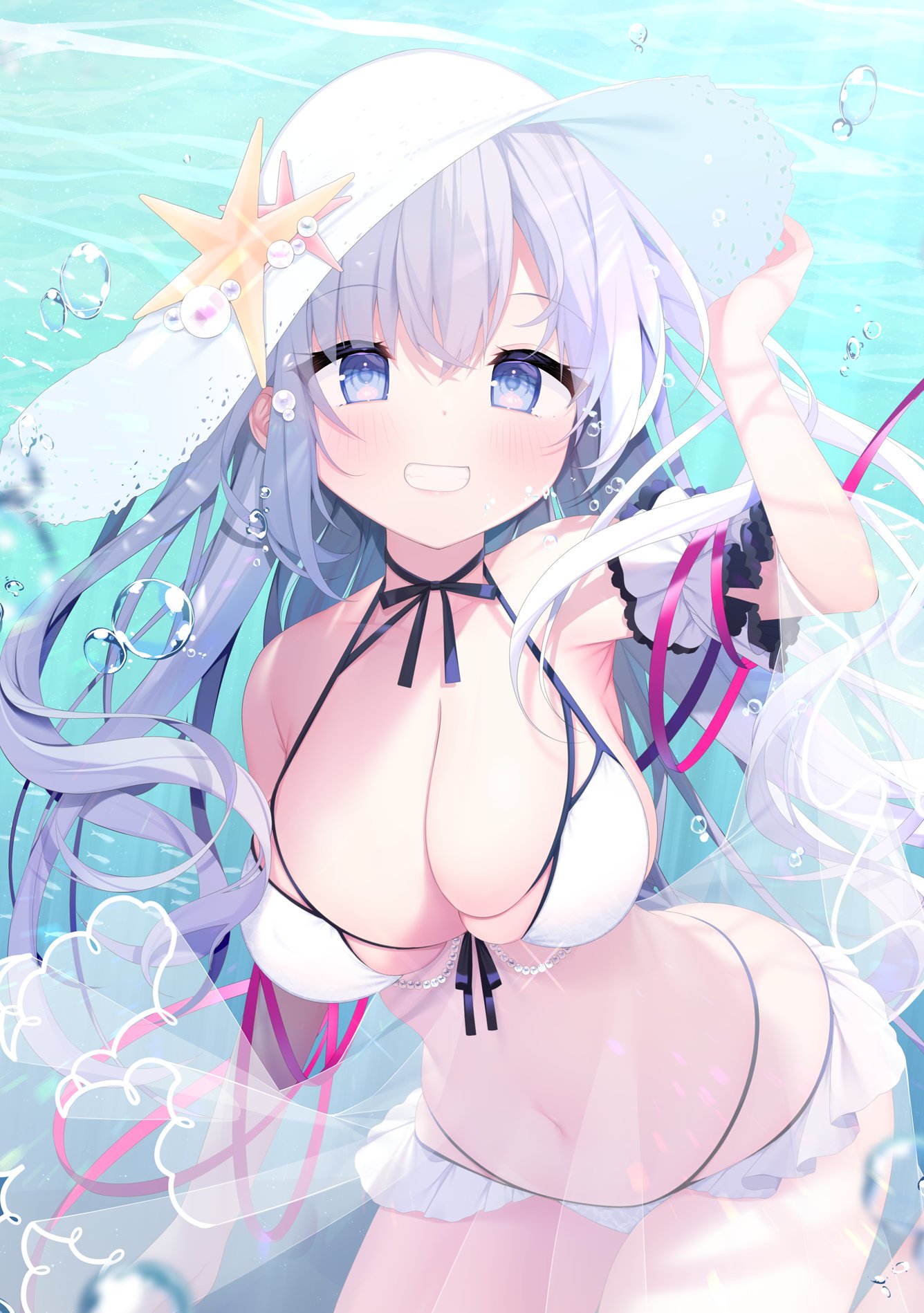 1girl air_bubble bare_shoulders bikini blue_eyes breasts bubble cleavage cowboy_shot grey_hair hat highres large_breasts long_hair looking_at_viewer navel original see-through shiika_yuno skindentation smile solo starfish stomach sun_hat swimsuit underwater water white_bikini white_headwear