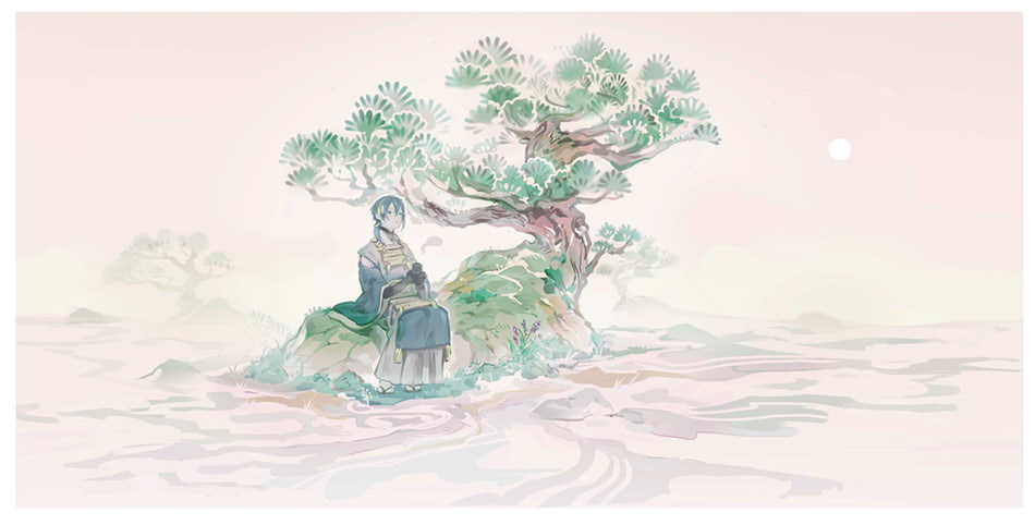 1boy bangs black_gloves blue_hair border day gloves hair_ornament hands_up island japanese_clothes koby long_sleeves male_focus mikazuki_munechika nature outdoors own_hands_together short_hair sitting solo touken_ranbu tree water wide_shot wide_sleeves