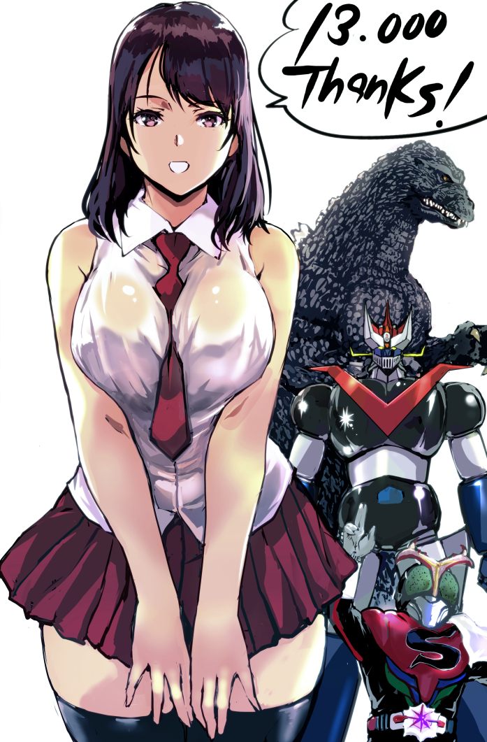 1girl bangs between_breasts black_thighhighs breasts brown_hair character_request commentary_request godzilla godzilla_(series) great_mazinger great_mazinger_(robot) kaijuu kamen_rider kamen_rider_stronger kamen_rider_stronger_(series) kamisimo_90 looking_at_viewer mazinger_(series) mecha monster necktie original pleated_skirt purple_eyes red_skirt robot shirt skirt speech_bubble standing thank_you thighhighs tokusatsu white_shirt