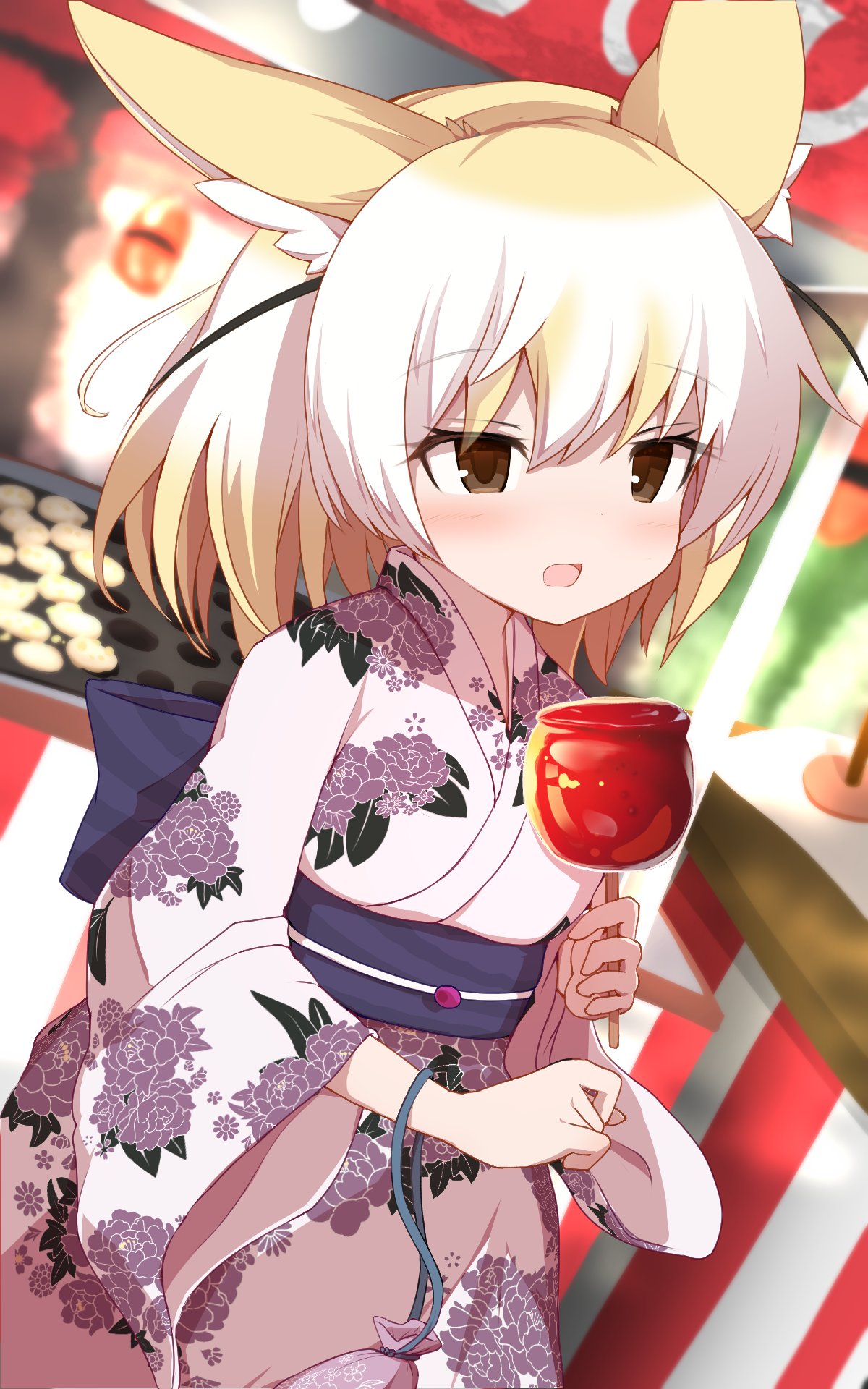 alternate_costume animal_ears back_bow blonde_hair blue_bow blush bow brown_eyes candy_apple fennec_(kemono_friends) festival floral_print food food_stand fox_ears fox_girl highres japanese_clothes karekusa_meronu kemono_friends kimono open_mouth short_hair symbol-only_commentary white_hair