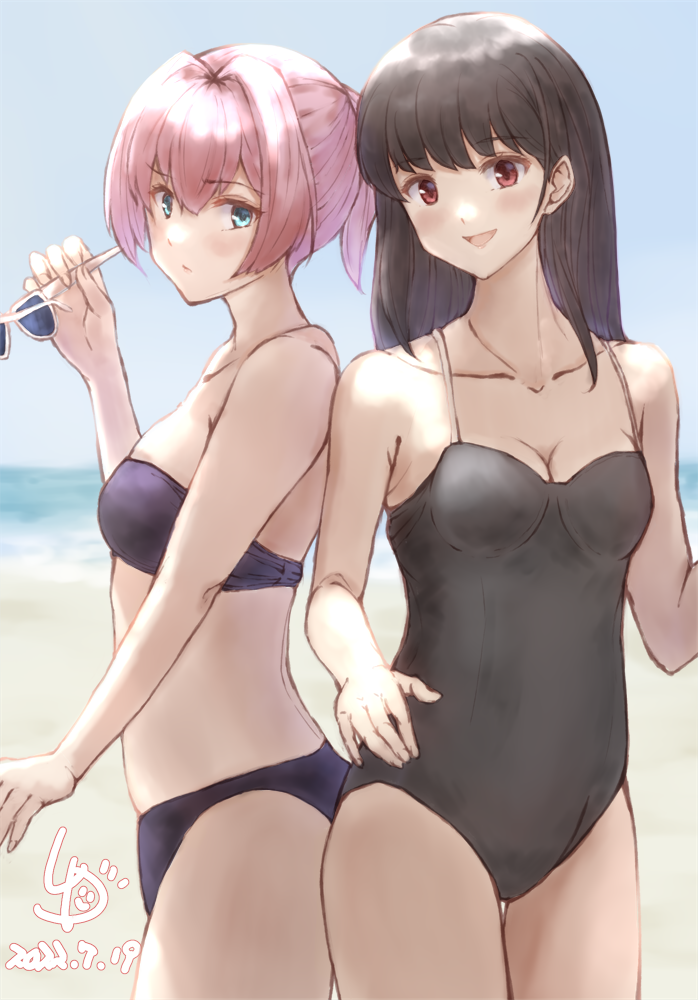 aqua_eyes beach bikini black_hair black_swimsuit blue_sky breasts brown_eyes casual_one-piece_swimsuit cleavage commentary_request cowboy_shot day eyewear_removed hayashio_(kancolle) horizon kantai_collection ld_(luna_dial398) long_hair looking_at_viewer ocean one-piece_swimsuit outdoors pink_hair ponytail purple_bikini shiranui_(kancolle) short_hair sky small_breasts swimsuit