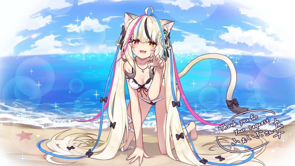 1girl :d all_fours animal_ears beach bikini blonde_hair bow breasts cat_ears cat_girl cat_tail claw_pose commission hair_bow heterochromia kazana_(sakuto) long_hair medium_breasts ocean orange_eyes red_eyes skeb_commission smile starfish swimsuit tail twintails very_long_hair vrchat water white_bikini