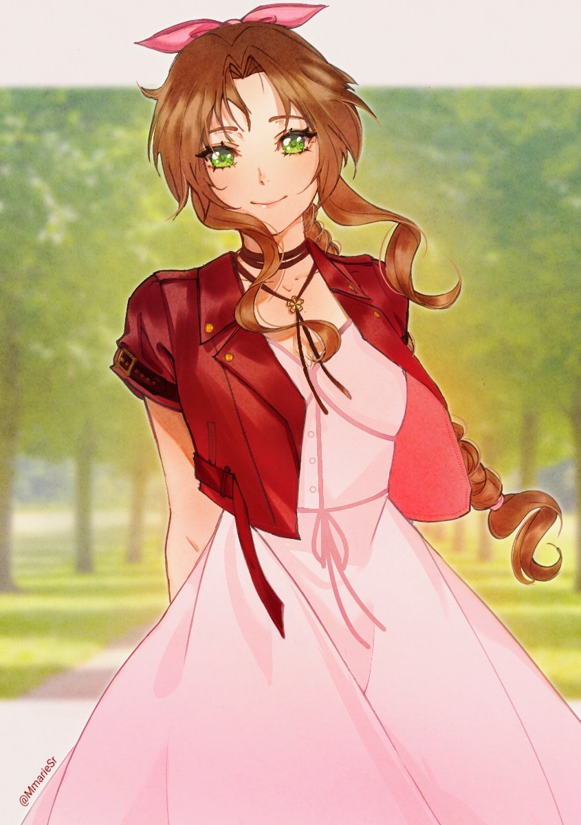 1girl aerith_gainsborough arms_behind_back bangs braid braided_ponytail breasts brown_hair choker cropped_jacket dress final_fantasy final_fantasy_vii final_fantasy_vii_remake flower_choker forest green_eyes hair_ribbon highres jacket letterboxed long_hair looking_at_viewer medium_breasts mmariesr nature parted_bangs pink_dress pink_ribbon red_jacket ribbon short_sleeves sidelocks smile solo tree upper_body wavy_hair