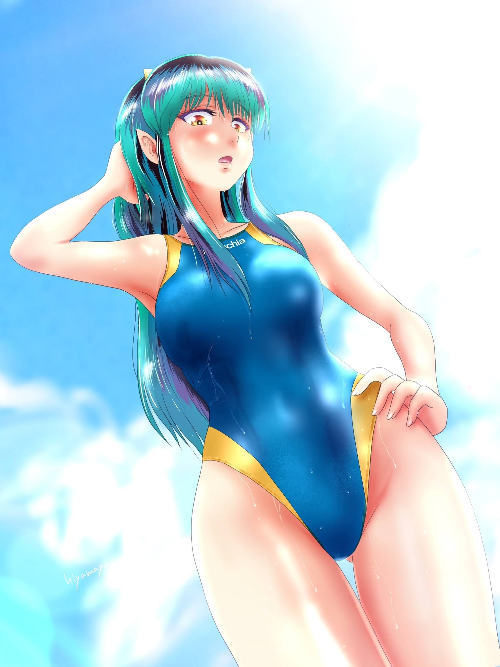 :o alternate_costume arm_behind_head ass_visible_through_thighs blue_swimsuit breasts clothes_writing cloud competition_swimsuit cowboy_shot day dutch_angle fingernails green_hair hand_on_hip highres hiyama_yuu_(wee259hiyama) horns large_breasts long_fingernails lum one-piece_swimsuit pointy_ears sky standing swimsuit urusei_yatsura wet wet_clothes wet_hair wet_swimsuit yellow_eyes yellow_swimsuit