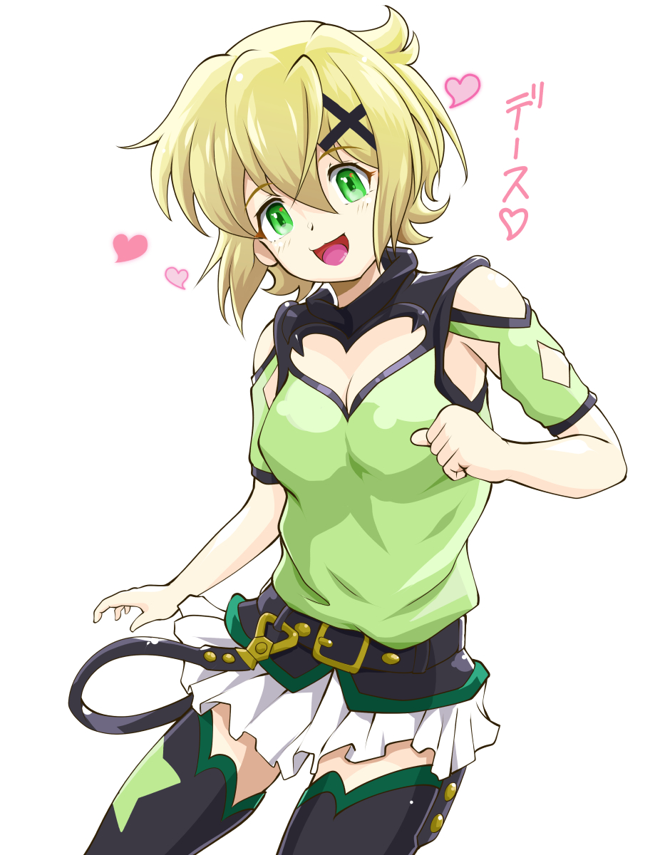 1girl :3 akatsuki_kirika belt black_belt black_thighhighs blonde_hair blush breasts cleavage green_eyes green_shirt hair_between_eyes hair_ornament heart highres koizumi_akira_(artist) looking_at_viewer senki_zesshou_symphogear shirt short_hair skirt small_breasts smile solo thighhighs thighs white_background white_skirt x_hair_ornament zettai_ryouiki