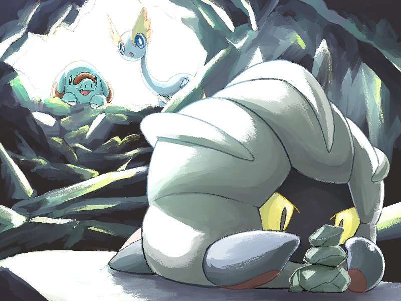 amaura black_eyes blue_eyes bright_pupils cave_interior commentary_request mukiguri no_humans open_mouth phanpy pokemon pokemon_(creature) rock shelgon smile white_pupils