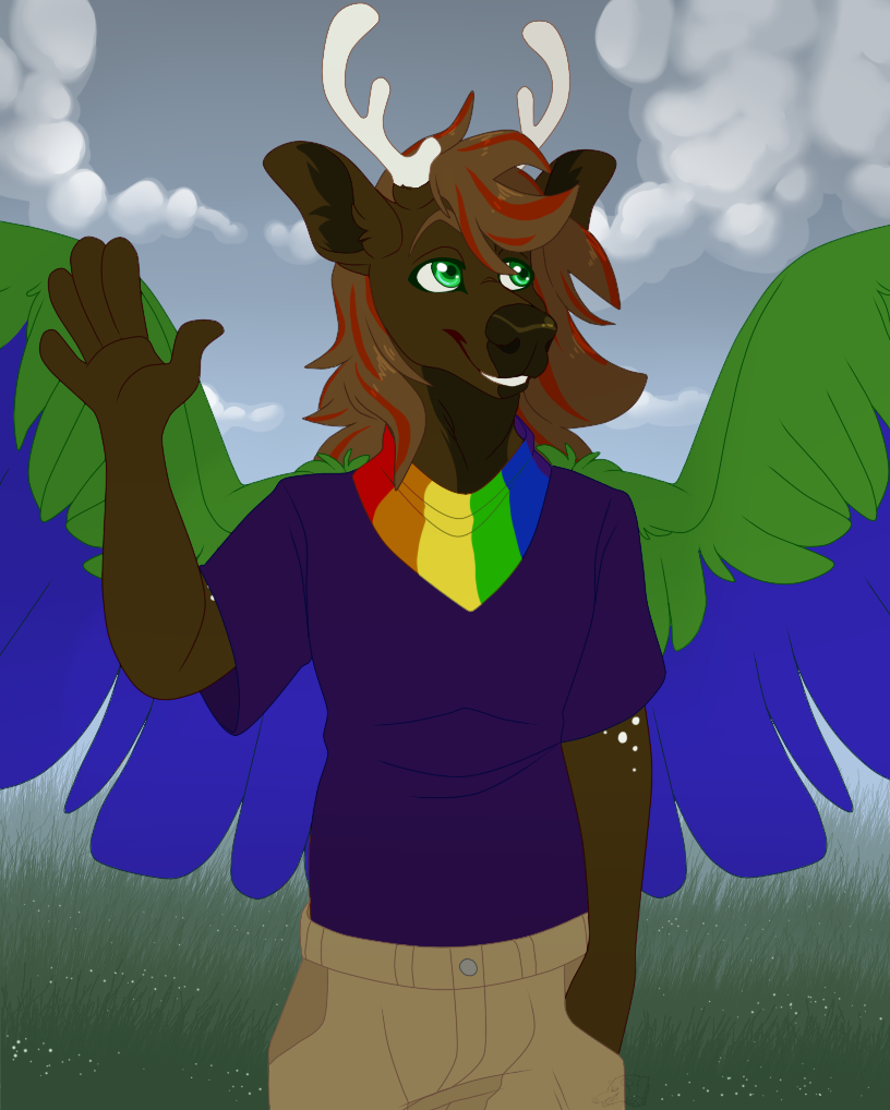 2020 anthro antlers bandanna blue_body blue_feathers bottomwear brown_body brown_fur brown_hair brown_nose cargo_shorts clothing cloud detailed_background digital_media_(artwork) feathered_wings feathers flower fur gesture grass green_body green_eyes green_feathers hair hand_in_pocket highlights_(coloring) horn inner_ear_fluff kerchief lgbt_pride looking_aside opossumsauce outside overcast perry_(knotfunny) peryton plant pockets pride_color_accessory pride_color_clothing pride_colors purple_clothing purple_shirt purple_t-shirt purple_topwear red_highlights shirt shorts sky smile solo spots t-shirt tan_bottomwear tan_clothing tan_shorts teeth topwear tuft waving white_spots wind wings