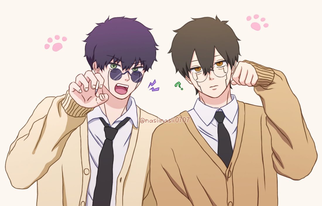 2boys black_hair black_necktie collared_shirt facial_mark glasses jacket long_sleeves mashle multiple_boys nasiinasii0707 necktie open_mouth orter_madl paw_pose round_eyewear shirt short_hair solo upper_body v-shaped_eyebrows white_shirt wirth_madl