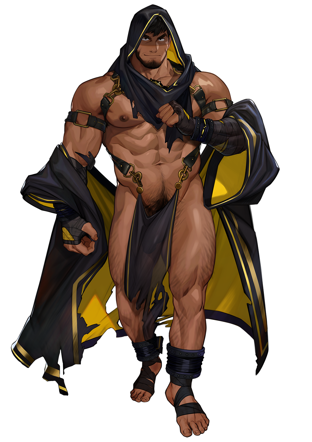 1boy abs another_eidos-r armband bara bare_pectorals beard black_coat black_hair chest_harness coat dark-skinned_male dark_skin facial_hair full_body harness highres hood hood_up large_pectorals leg_hair light_smile looking_at_viewer male_focus mustache_stubble official_art pectorals penis pubic_hair see-through short_hair sinbad_(another_eidos) solo stubble tarutoru thick_eyebrows transparent_background