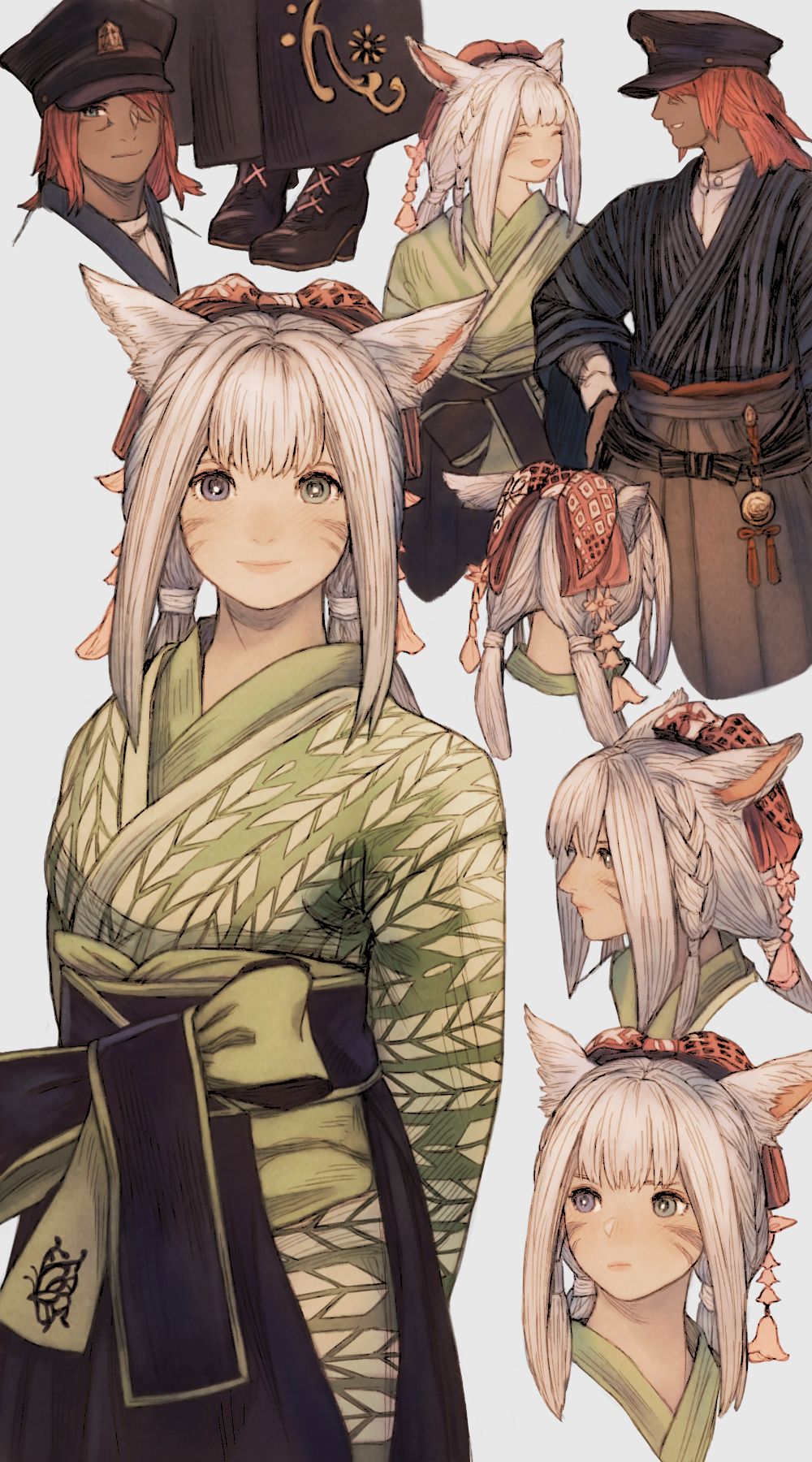 1boy 1girl ^_^ animal_ears arms_behind_back black_footwear black_hat black_kimono bow bright_pupils brown_skirt cat_ears closed_eyes commentary_request cross-laced_footwear expressions facial_mark final_fantasy final_fantasy_xiv green_eyes green_kimono hair_bow hakama hakama_skirt hand_on_own_hip heterochromia highres japanese_clothes kimono looking_at_viewer low_twintails maeka_(kumaekake) miqo'te multiple_views obi open_mouth purple_eyes sash simple_background skirt smile standing tassel twintails warrior_of_light_(ff14) white_background white_hair white_pupils