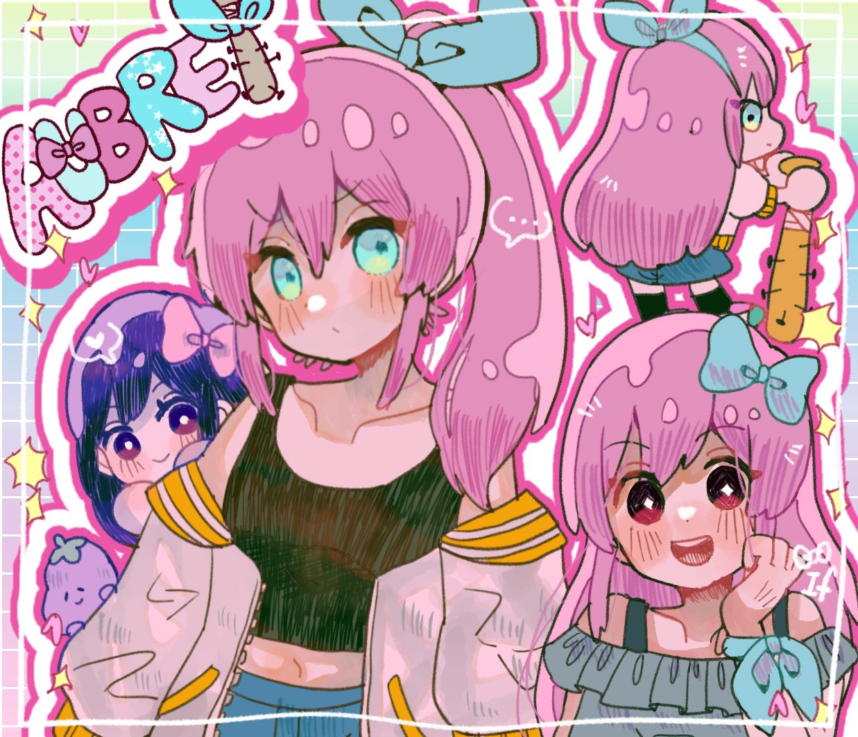 2girls aubrey_(faraway)_(omori) aubrey_(headspace)_(omori) aubrey_(omori) baseball_bat blue_bow blue_skirt blush bow closed_mouth crop_top denim denim_skirt hair_bow long_hair looking_at_viewer multiple_girls nail nail_bat navel omori pink_bow pink_hair ponytail purple_hair skirt stuffed_eggplant syumino_e