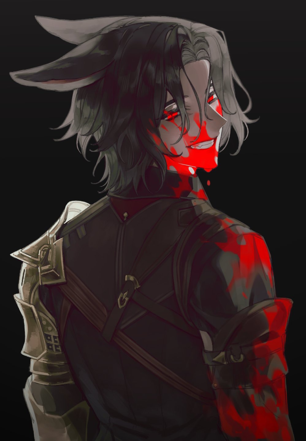 1boy 42sai animal_ears armor black_background black_hair black_shirt blood blood_on_clothes blood_on_face blood_on_neck blood_on_teeth character_request copyright_request evil_smile from_behind gauntlets head_tilt highres looking_at_viewer male_focus medium_hair parted_bangs rabbit_ears red_eyes shirt shoulder_armor smile solo teeth upper_body wavy_hair