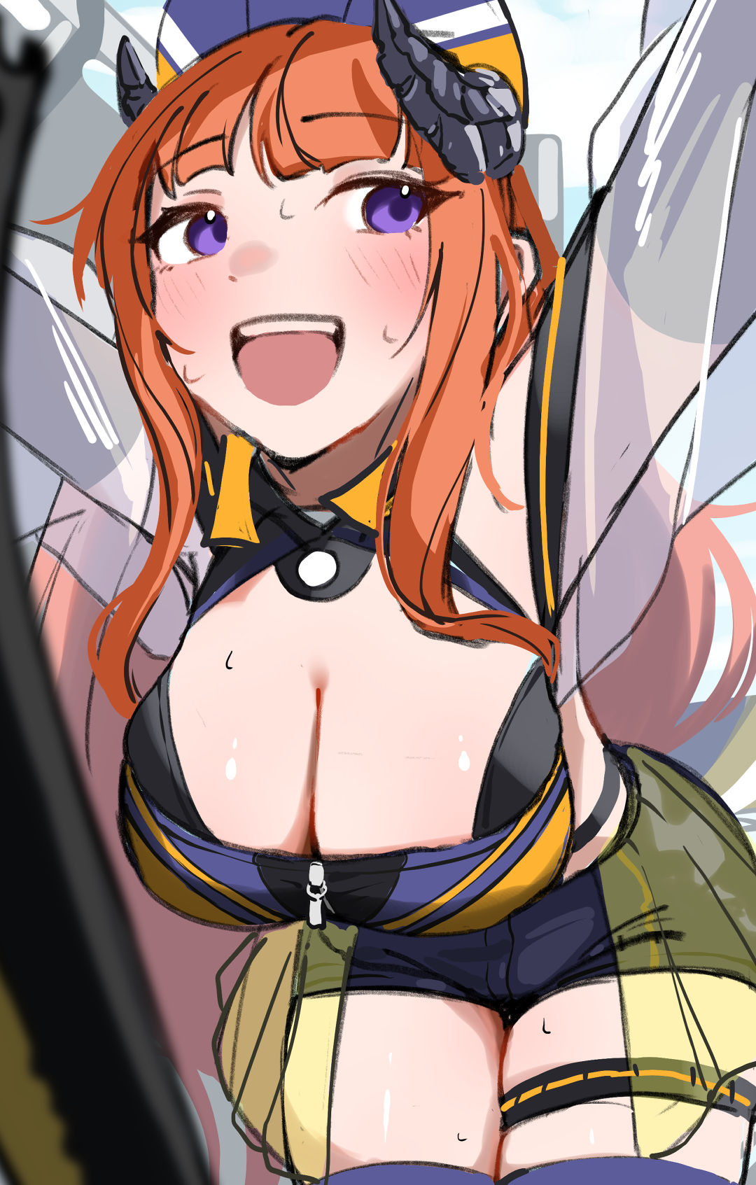 1girl arknights bagpipe_(arknights) bagpipe_(queen_no._1)_(arknights) blush breasts cleavage commentary_request cowboy_shot ert_raitsui highres horns large_breasts leaning_forward long_hair looking_to_the_side official_alternate_costume open_mouth orange_hair purple_eyes race_queen shorts sidelocks solo standing sweat teeth thigh_strap upper_teeth_only zipper