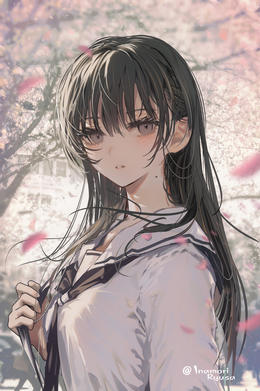 1girl bag black_eyes black_hair black_neckerchief blurry cherry_blossoms commentary day depth_of_field falling_petals floating_hair highres inaeda_kei long_hair looking_at_viewer mole mole_on_neck neckerchief original outdoors parted_lips petals sailor_collar school_bag school_uniform serafuku shirt shoulder_bag solo twitter_username upper_body white_sailor_collar white_shirt