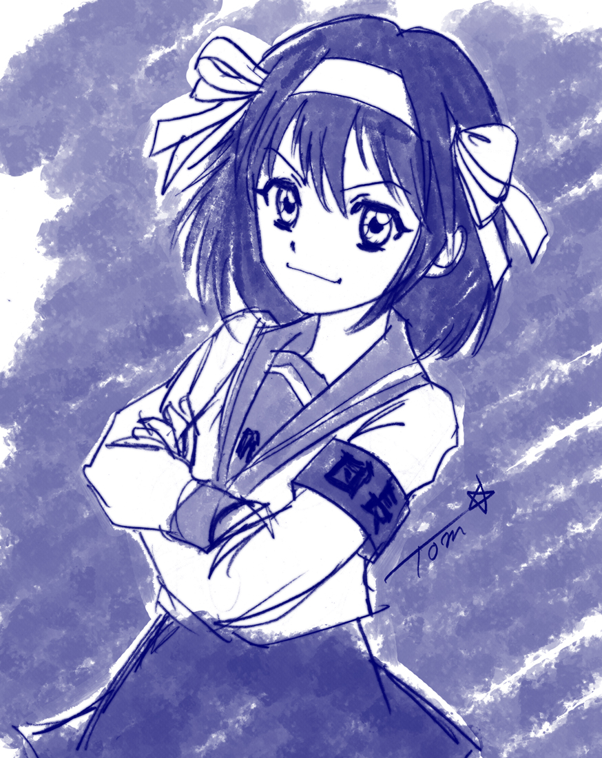 1girl armband chutohampa hair_ribbon kita_high_school_uniform looking_to_the_side monochrome ribbon sailor_collar school_uniform shirt short_hair signature skirt solo suzumiya_haruhi suzumiya_haruhi_no_shoushitsu suzumiya_haruhi_no_yuuutsu winter_uniform