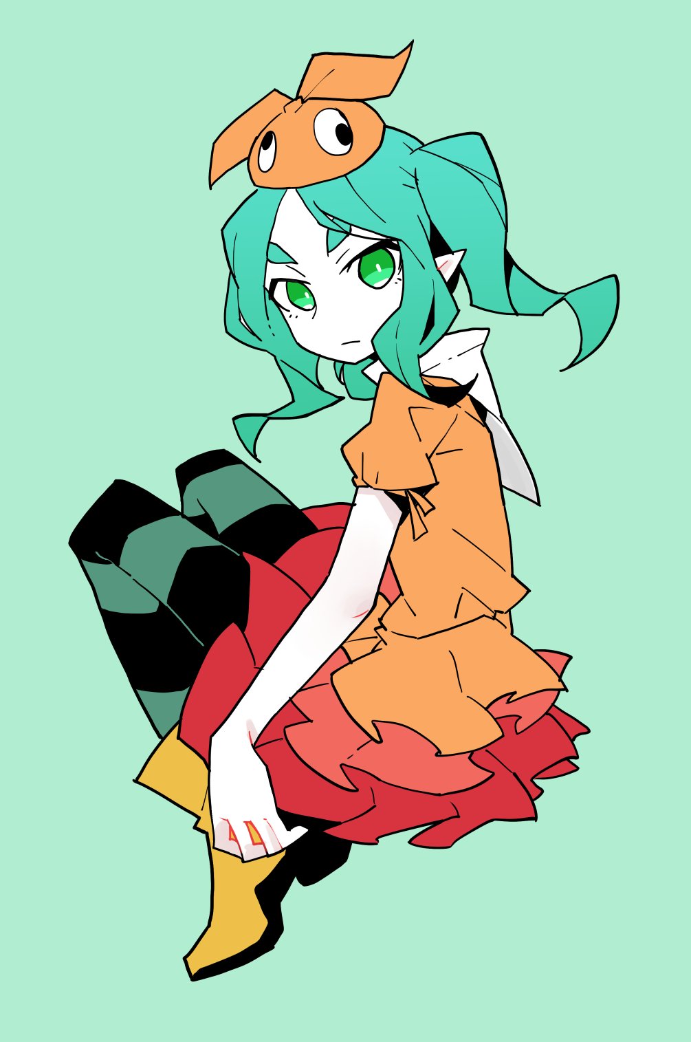 1girl akableak aqua_background aqua_hair aqua_thighhighs arms_at_sides black_thighhighs boots bright_pupils closed_mouth commentary dress expressionless frilled_dress frills full_body googly_eyes green_eyes highres hikimayu knees_up long_hair looking_at_viewer looking_to_the_side monogatari_(series) ononoki_yotsugi orange_dress orange_hat pale_skin parted_bangs pointy_ears puffy_short_sleeves puffy_sleeves romaji_commentary rubber_boots short_eyebrows short_sleeves sidelocks sitting solo striped_clothes striped_thighhighs thick_eyebrows thighhighs twintails two-tone_thighhighs v-shaped_eyebrows wavy_hair white_pupils yellow_footwear